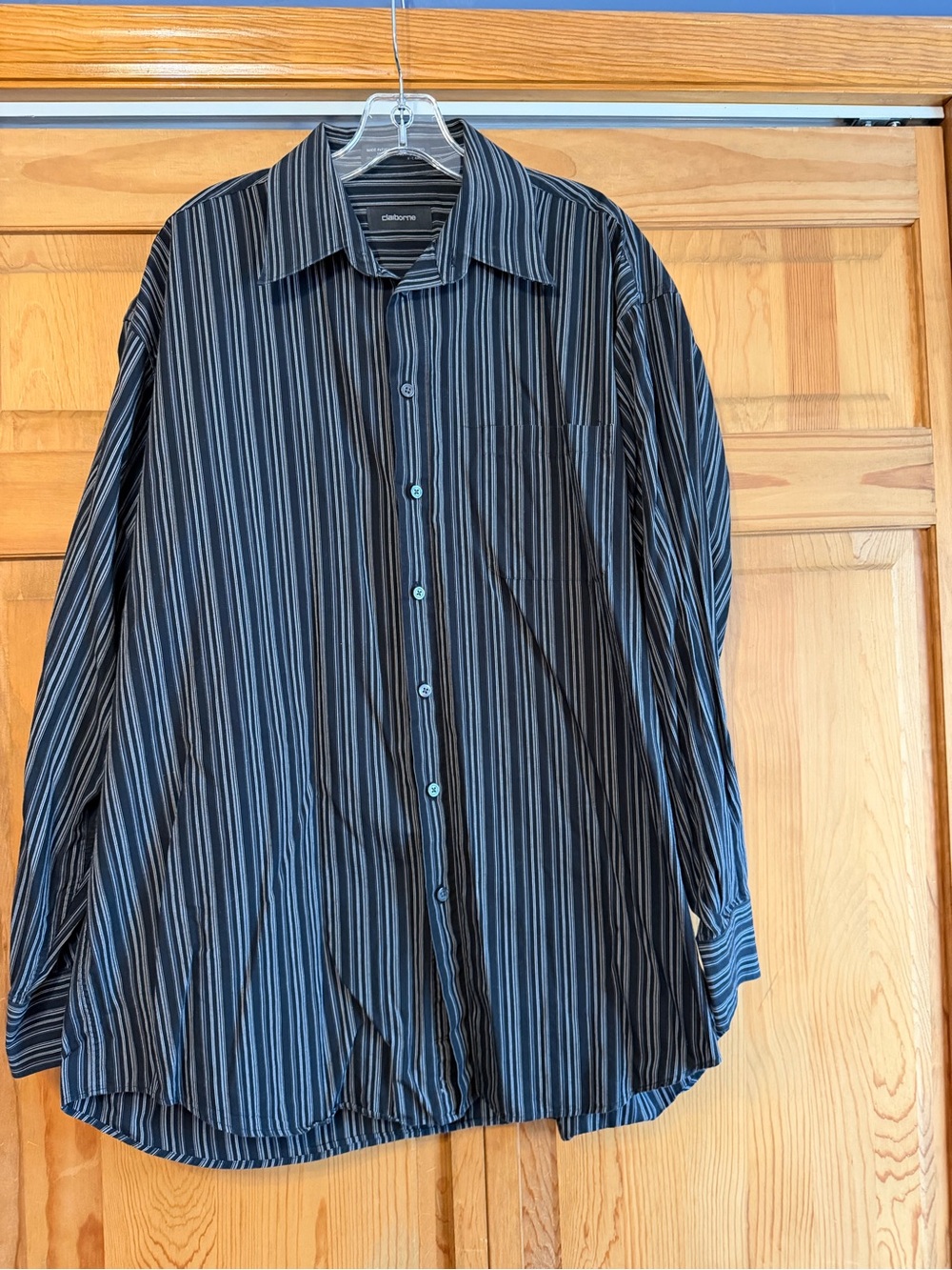 Claiborne Men's Black and Gray Striped Dress Shirt